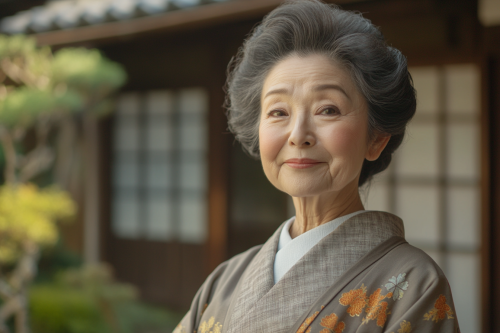 Smiling Japanese Landlady in Traditional Kimono