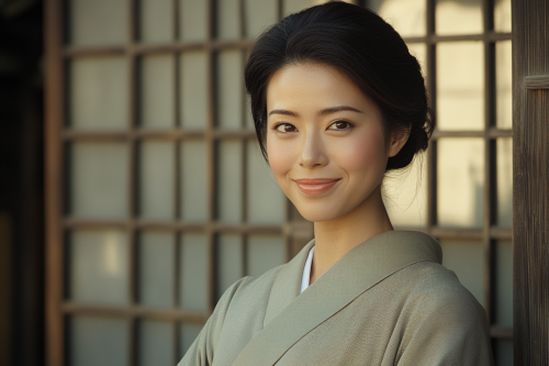 Smiling Japanese Woman in Traditional Kimono Standing