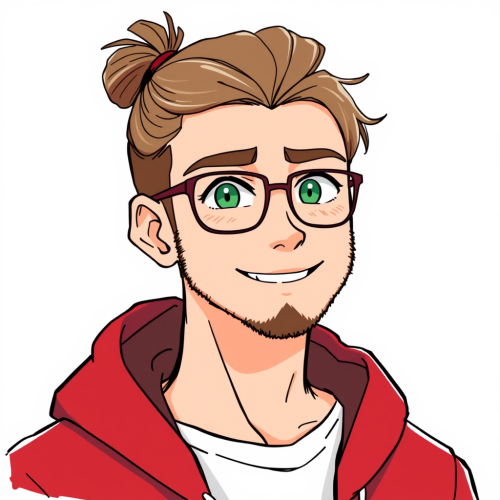Smiling Man with Bun and Glasses in Anime Style