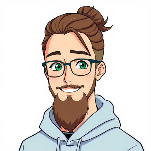 Smiling Man with Man Bun and Glasses, Anime Style