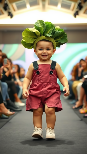 Smiling baby confidently walks on indoor fashion runway.