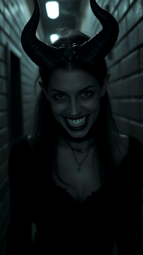Smiling demon woman in dark alley