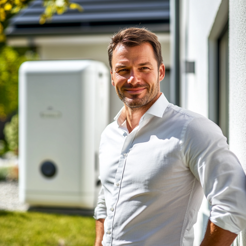 Smiling engineer next to heat pump at modern house