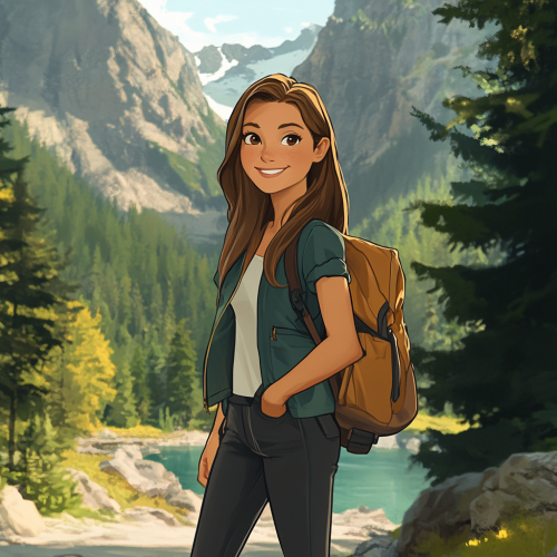 Smiling female hiker with long brown hair in mountains.