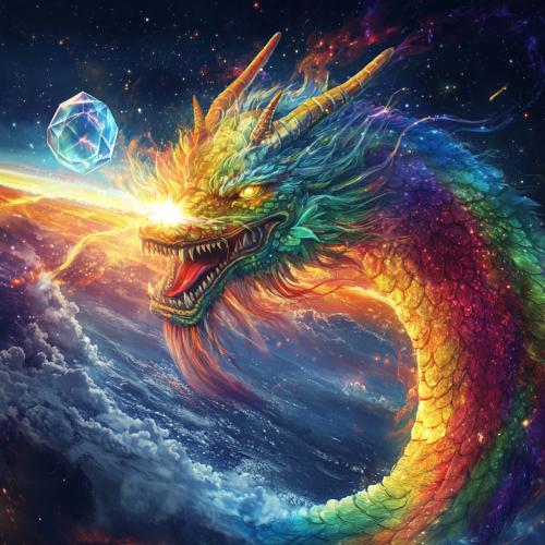 Smiling giant dragon with rainbow crystal eye in sky