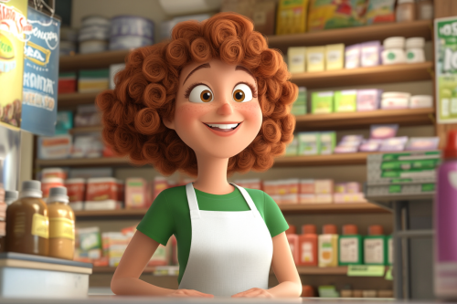 Smiling redhead woman selling items in store