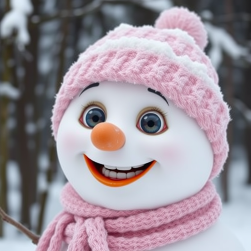 Smiling snowman with human eyes in pink outfit
