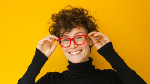 Smiling woman in black with glasses, yellow background