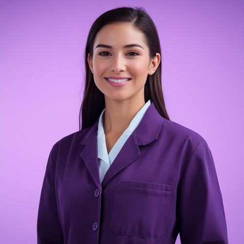 Smiling woman in dark purple lab coat. Bright lighting