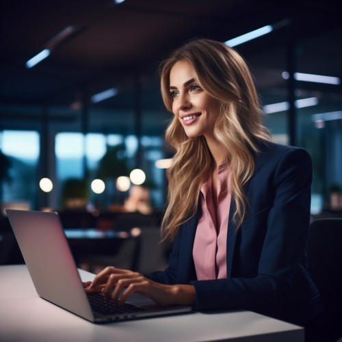 Smiling woman in office, typing on laptop, modern setting.