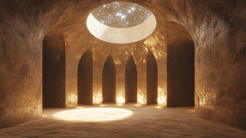 Smooth stone domed temple with sand floor and carved walls.