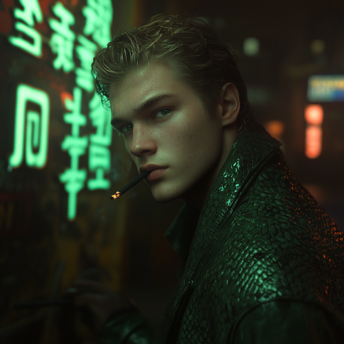 Smug young man in neon Egyptian cyberpunk scene