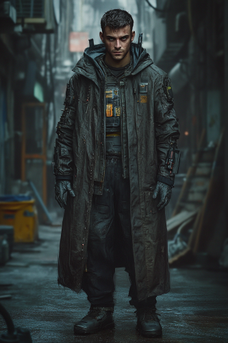 Sneaky street thief in dirty alley with tech gadgets