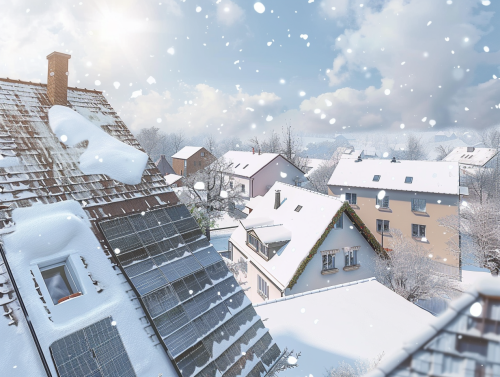 Snowy European rooftop shows working solar panels efficiently