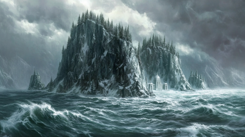 Snowy island with pine forests above stormy sea. Mausoleums. Snowy island with pine forests above stormy sea. Mausoleums.