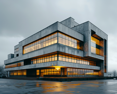 Socialist modernist building with gold windows in European city.