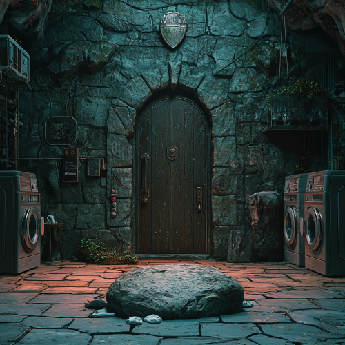 Socks on altar in front of washing machines.