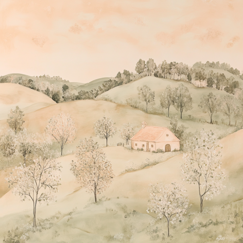 Soft, naive-style painting with peach countryside landscape. Tranquil, minimalist.