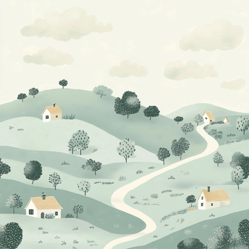Soft, rolling countryside landscape with quaint houses in pastels. Soft, rolling countryside landscape with quaint houses in pastels.