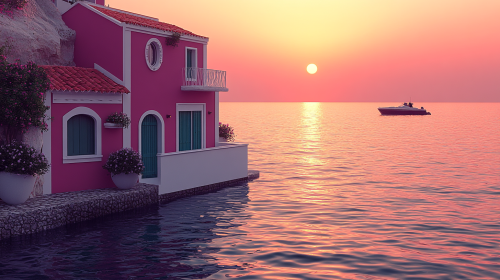 Soft blue sea, purple beach, white houses, bright colors.