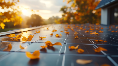 Solar panels on German house roof, with blurred leaves