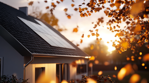 Solar panels on house roof at sunset with leaves