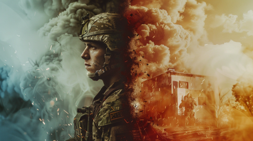 Soldier in battle and at home shown cinematically.