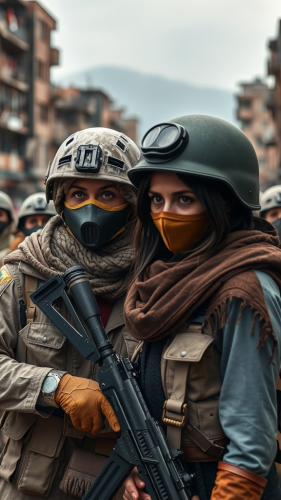 Soldier women wear masks in ruined city.