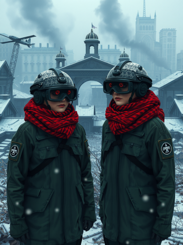 Soldiers in winter gear stand near damaged city.