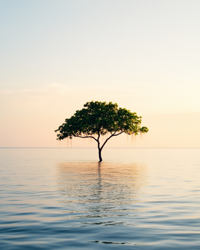Solitary tree in vast lake, gentle sun backlighting.