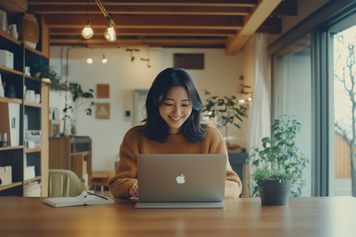 Sophisticated Japanese Woman Budgets on Laptop Brighly