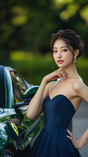 Japanese woman poses elegantly with Ferrari.