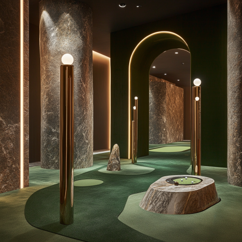 Sophisticated indoor putting green, art sculptures in refined setting