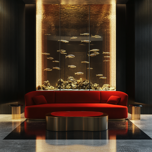 Sophisticated lounge with gold, black, and red decor.