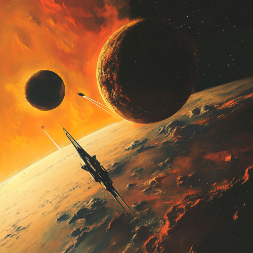 Spaceship entering dual-sun system with multiple planets. Spaceship entering dual-sun system with multiple planets.