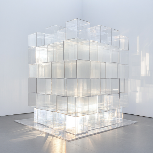 Sparkling Glass Cube with Floating Boxes in White Space Sparkling Glass Cube with Floating Boxes in White Space