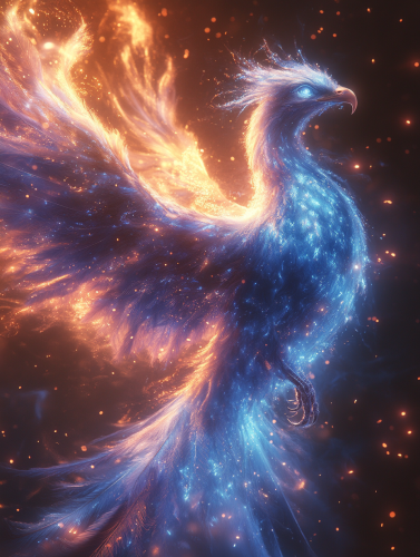 Sparkling phoenix symbolizing regeneration on white background