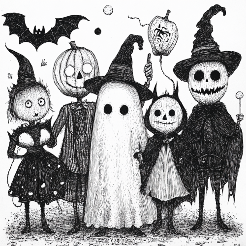 Spooky Halloween characters in detailed Edward Gorey drawing