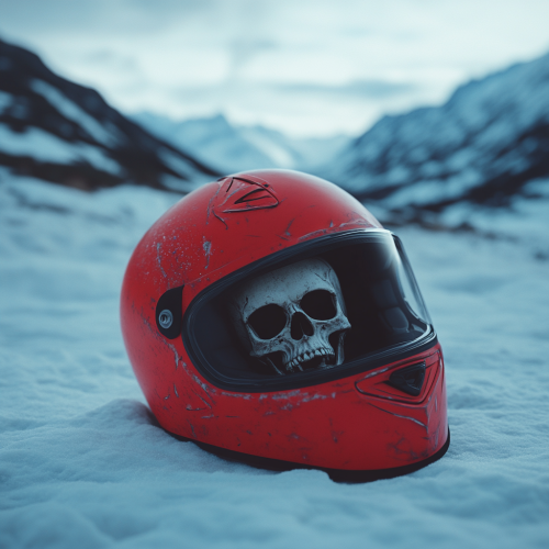 Spooky Skeleton in Red Helmet in Snowy Mountains