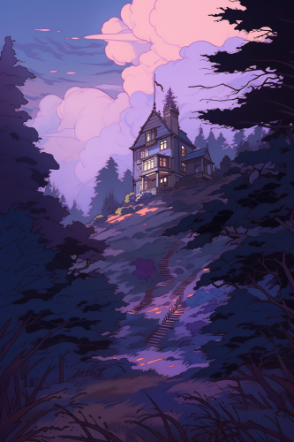 Spooky Victorian House on Hill with Pine Trees