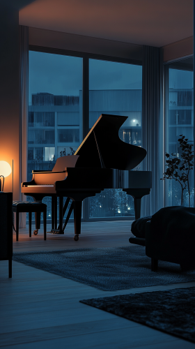 Spotlight shining on grand piano in dark room