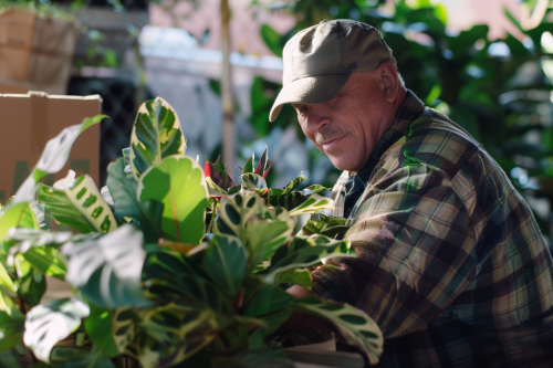 Staff carefully loading plants and fragile items in sunlight