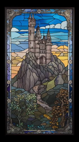 Stained glass window of medieval castle on hill. Stained glass window of medieval castle on hill.