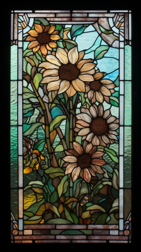 Stained glass window with sunflowers in soft pastel colors. Stained glass window with sunflowers in soft pastel colors.