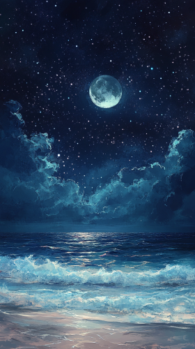 Standing on beach, watching sea under moonlit sky. Standing on beach, watching sea under moonlit sky.