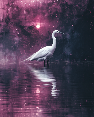 Starry night reflected in calm lake, white horse fencing
