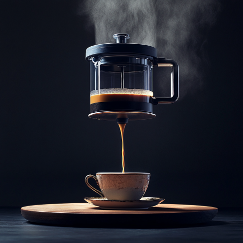 Steaming French press pouring coffee into fancy cup