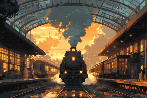 Steampunk trains at station with steam and sunlight.
