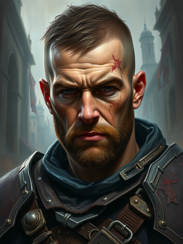 Stoic Warrior in Ruined City: An Oil Painting
