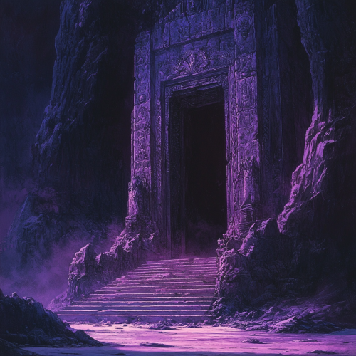 Stone temple door with purplish glow in dark cave.